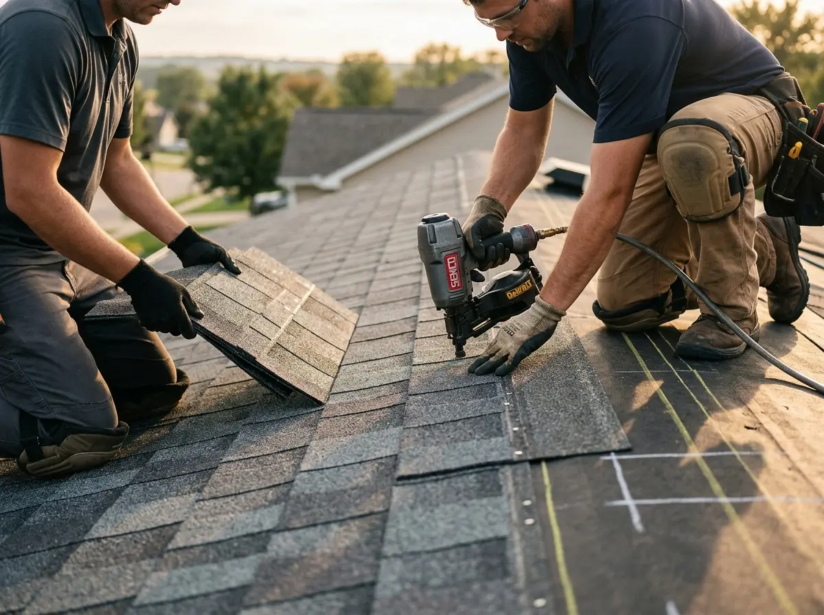 Professional roofer working on a residential roof in Zebulon